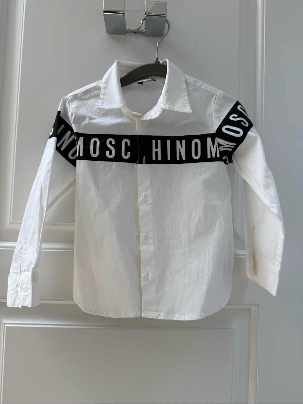 Boys Moschino White Button-Down Shirt with Black Logo Band